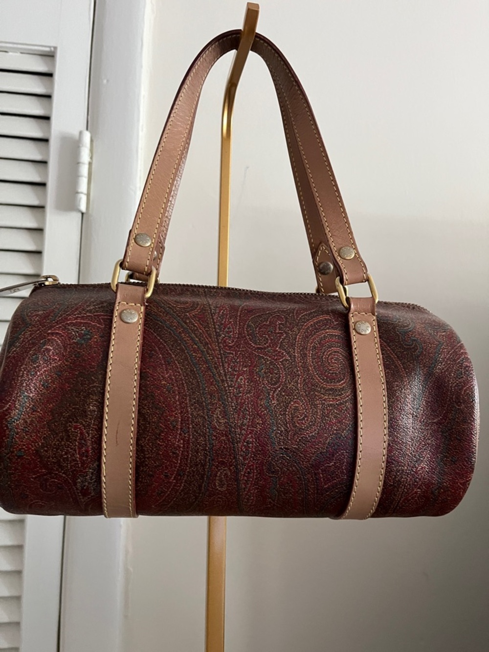 Etro Paisley Barrel Satchel in Burgundy with Tan Straps